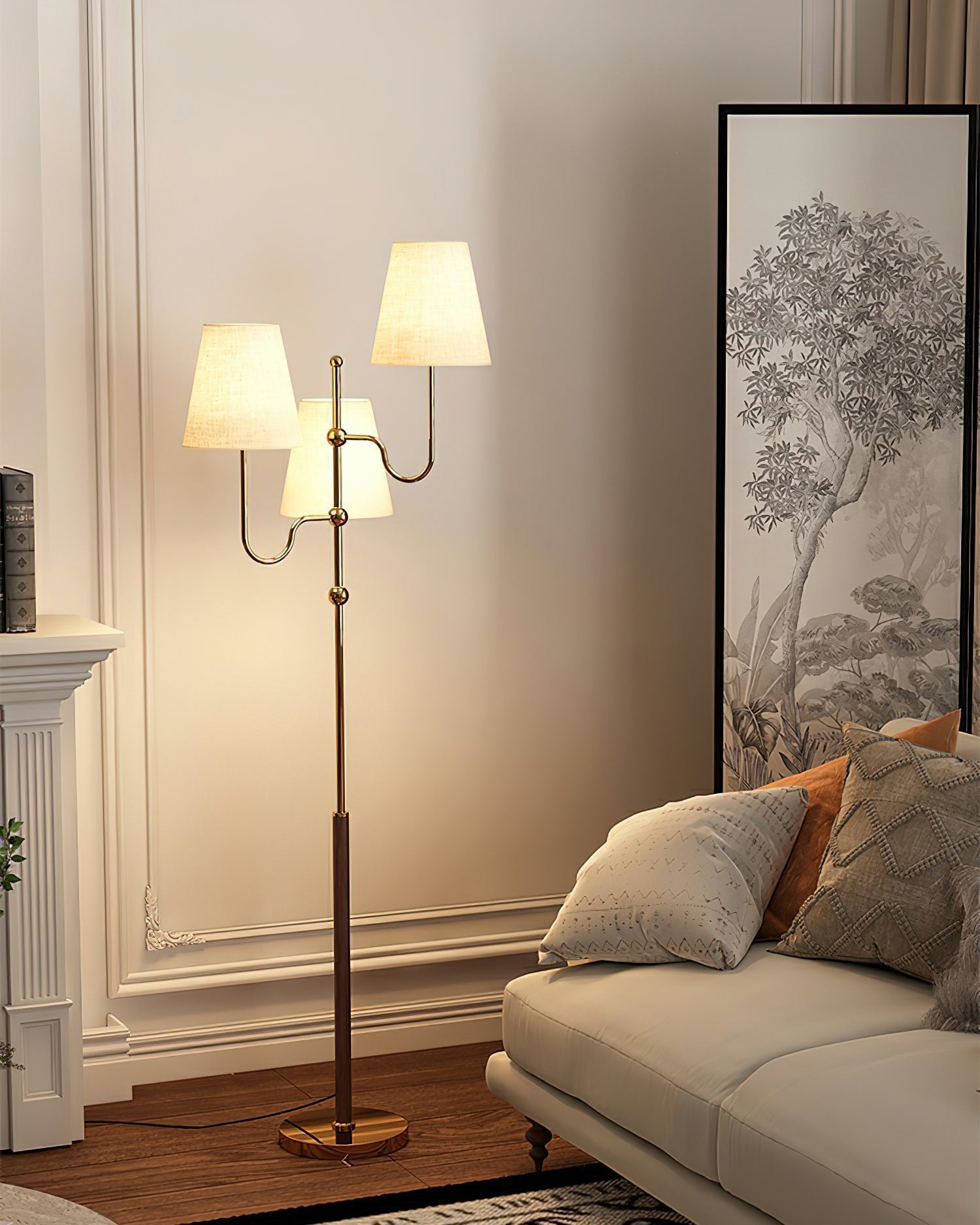 Modern Triple Shade Serenade Floor Lamp with Walnut Wood and Gold Iron Base