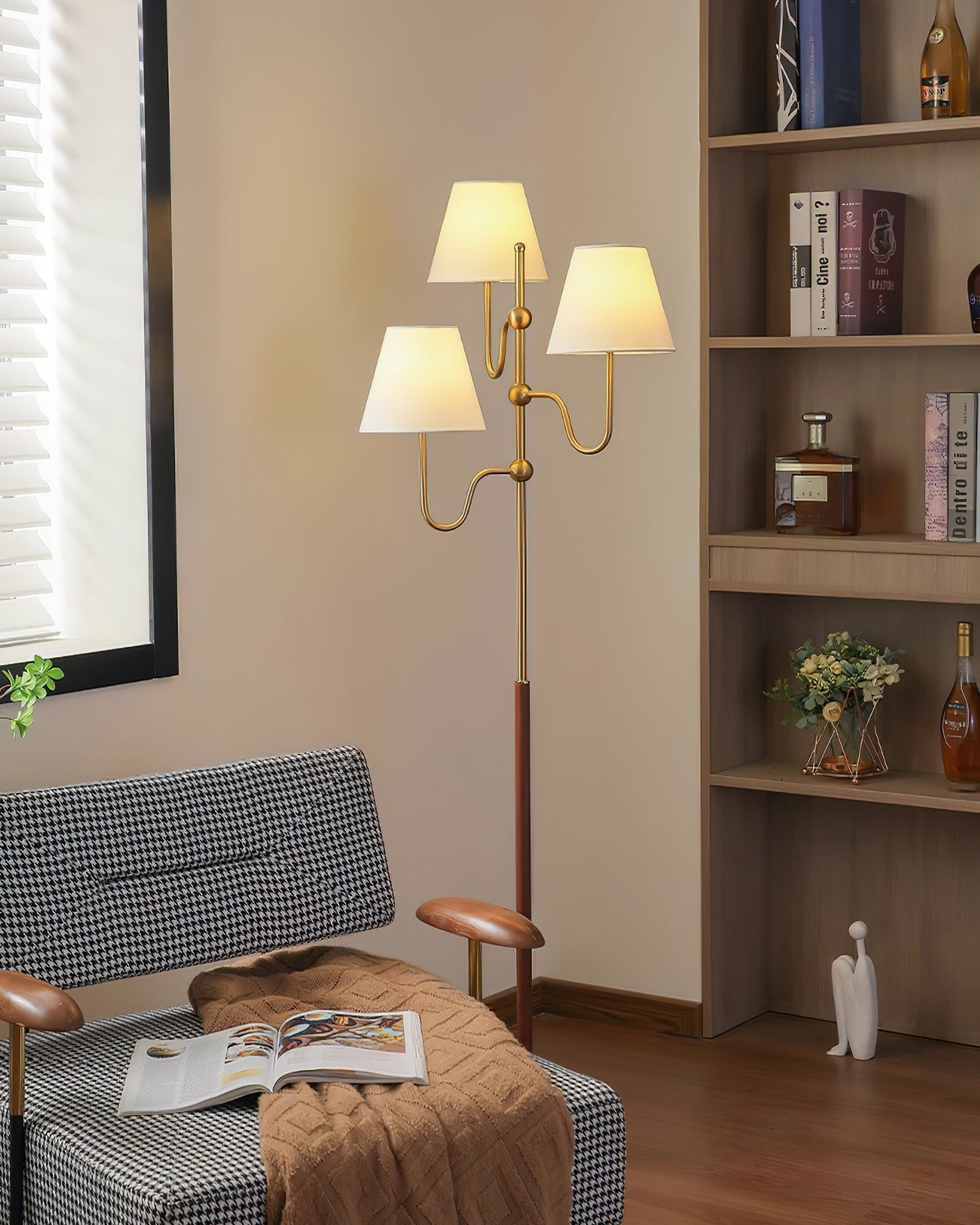 Modern Triple Shade Serenade Floor Lamp with Walnut Wood and Gold Iron Base