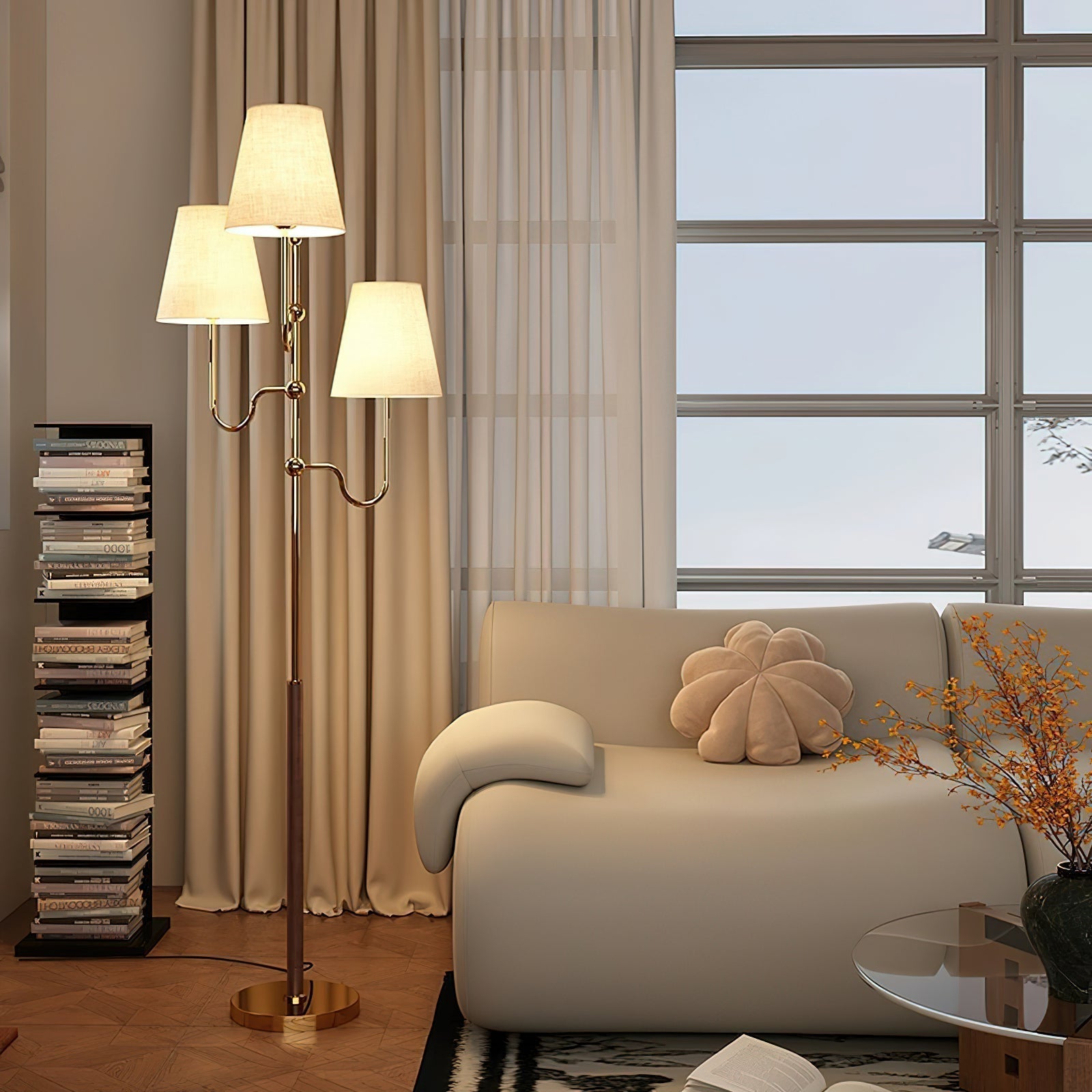 Modern Triple Shade Serenade Floor Lamp with Walnut Wood and Gold Iron Base