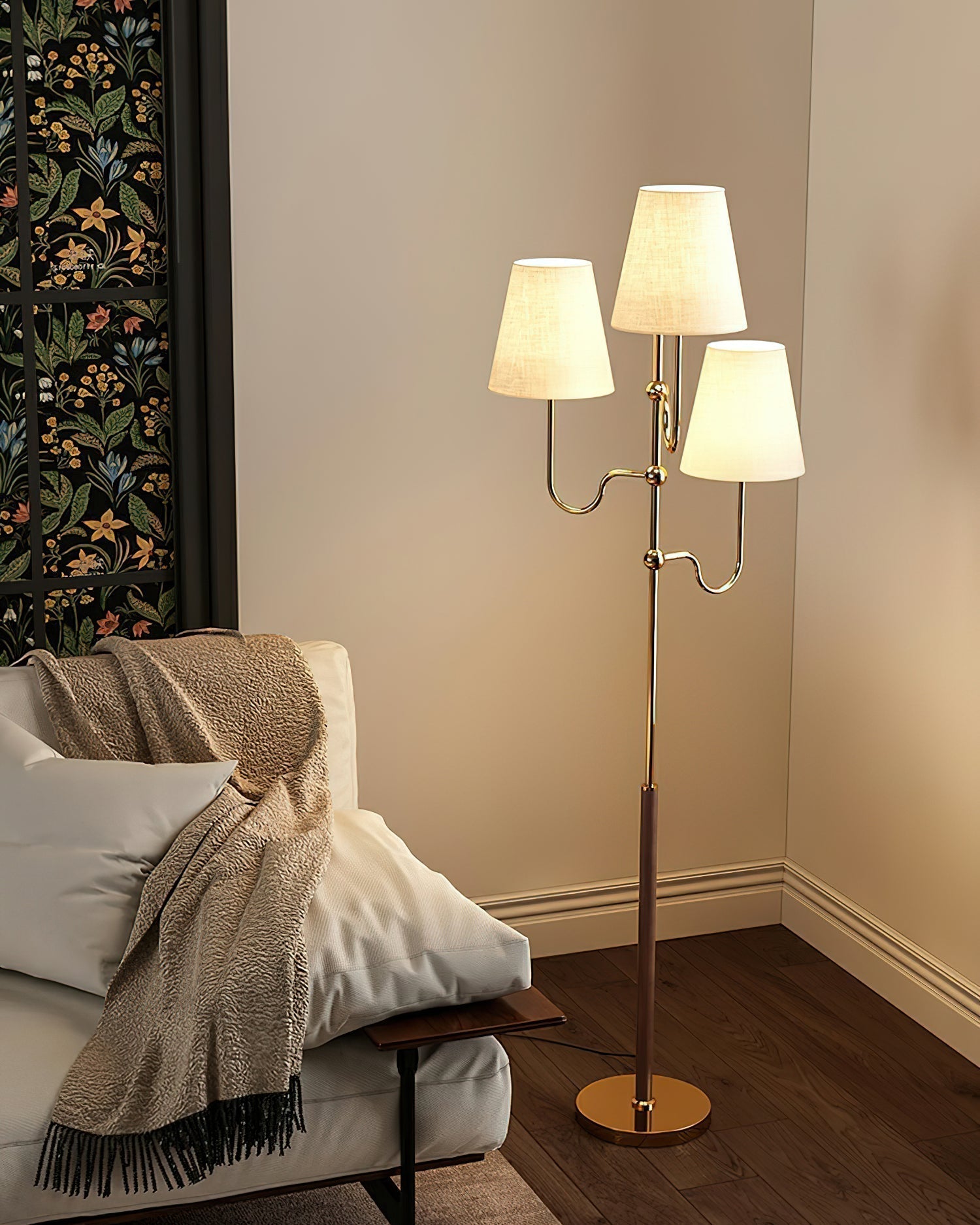 Modern Triple Shade Serenade Floor Lamp with Walnut Wood and Gold Iron Base