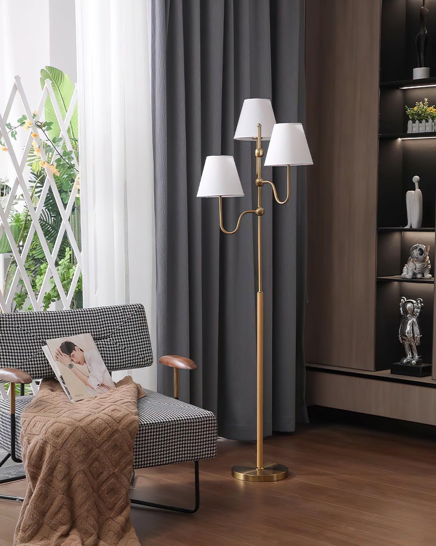 Modern Triple Shade Serenade Floor Lamp with Walnut Wood and Gold Iron Base