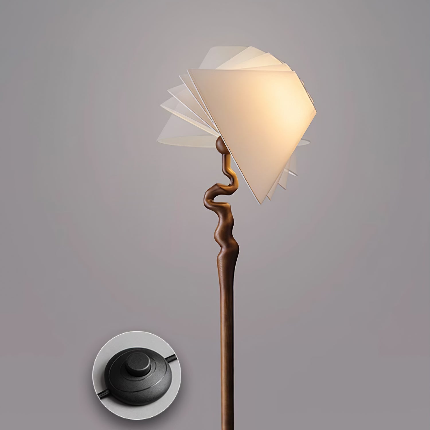 Serpentine Twist Rotating Wooden Floor Lamp Modern Geometric Standing Light with Fabric Shade