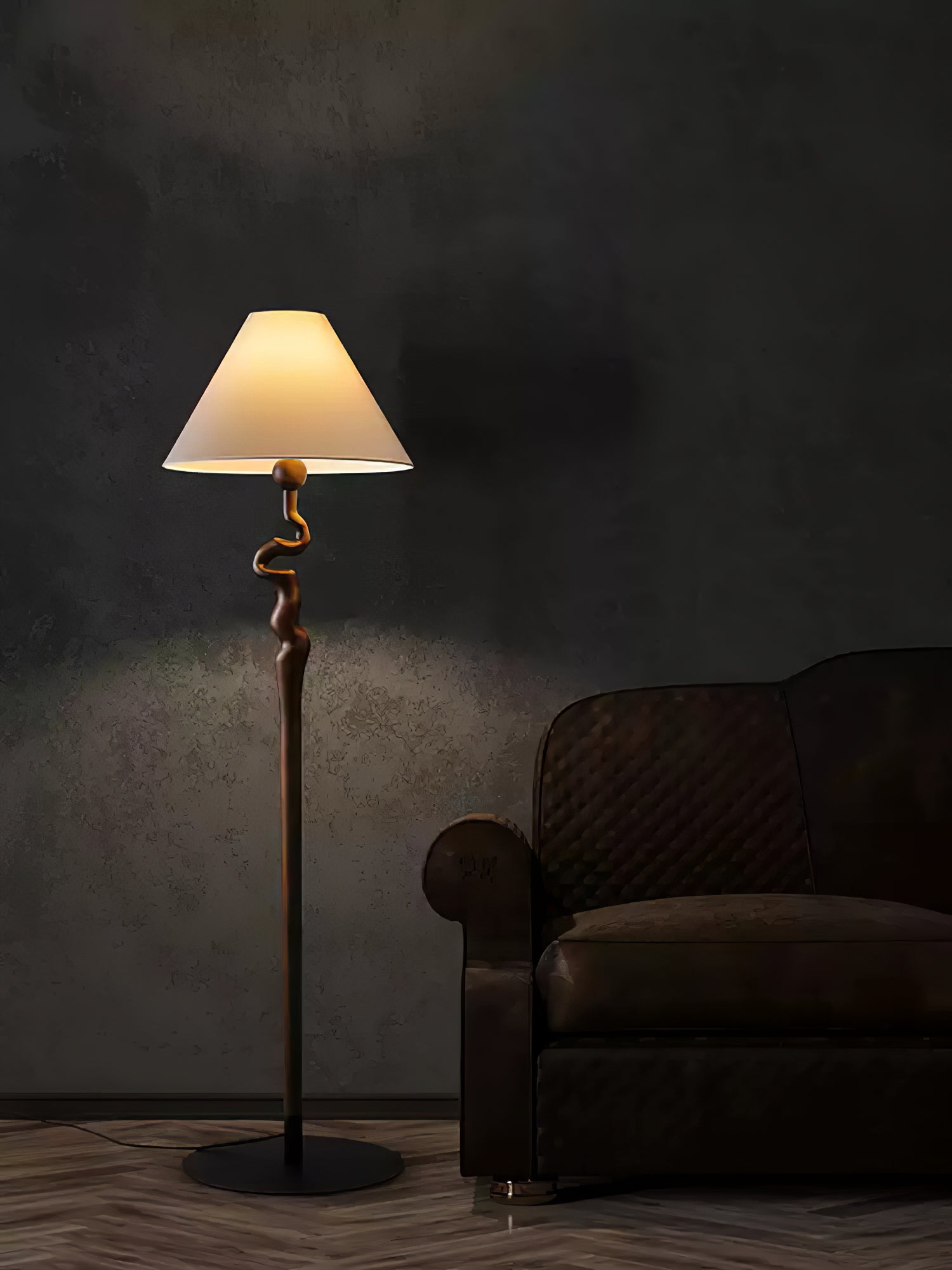 Serpentine Twist Rotating Wooden Floor Lamp Modern Geometric Standing Light with Fabric Shade