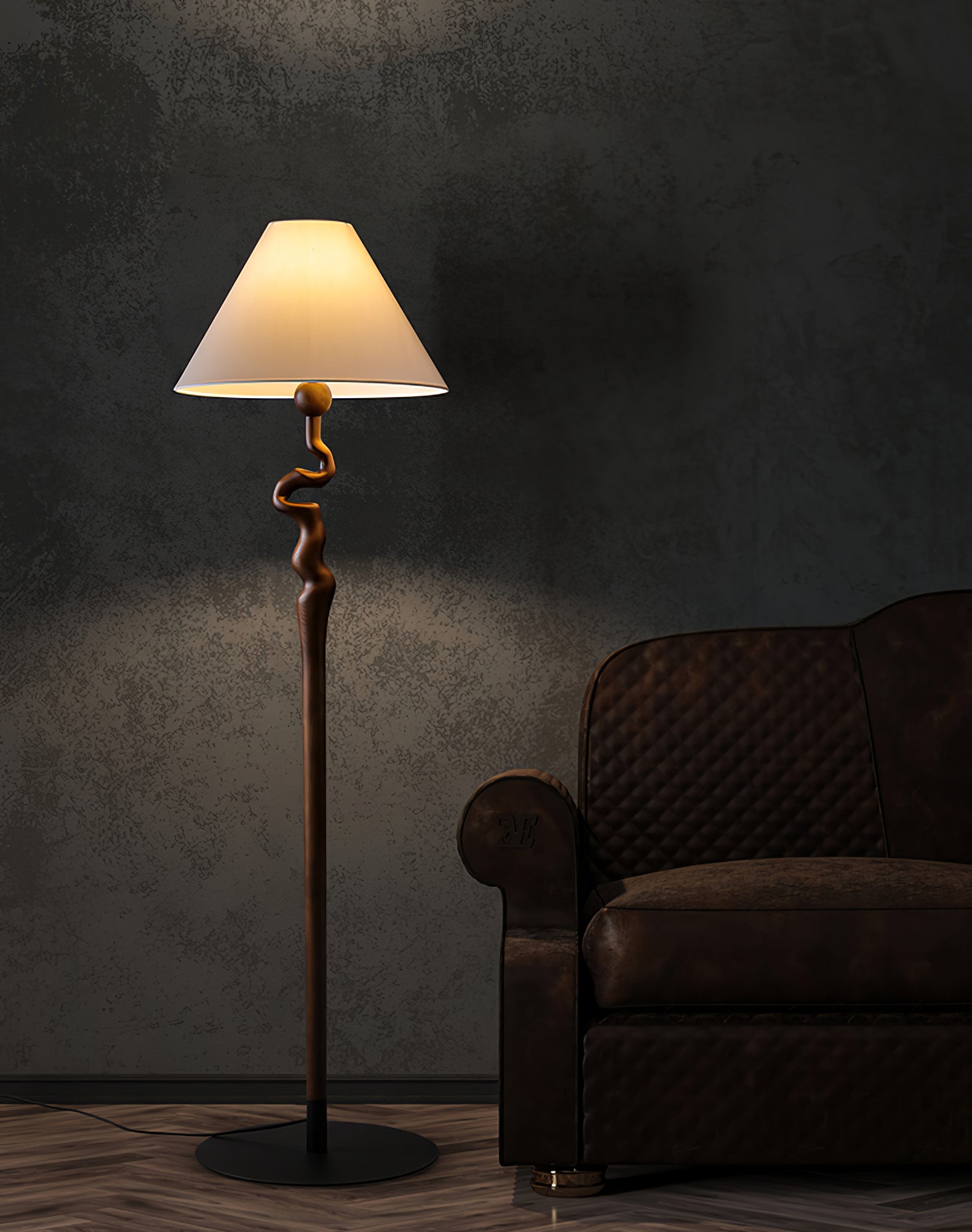 Serpentine Twist Rotating Wooden Floor Lamp Modern Geometric Standing Light with Fabric Shade