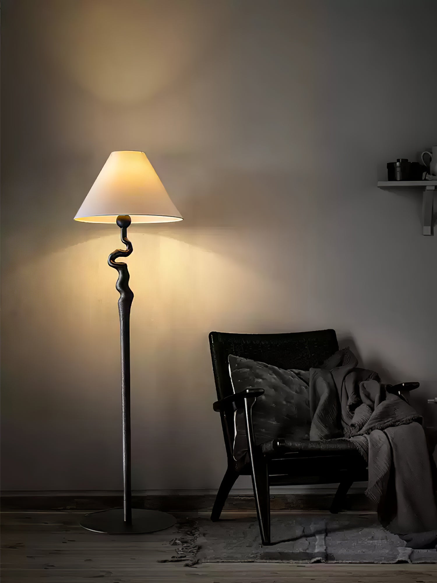 Serpentine Twist Rotating Wooden Floor Lamp Modern Geometric Standing Light with Fabric Shade