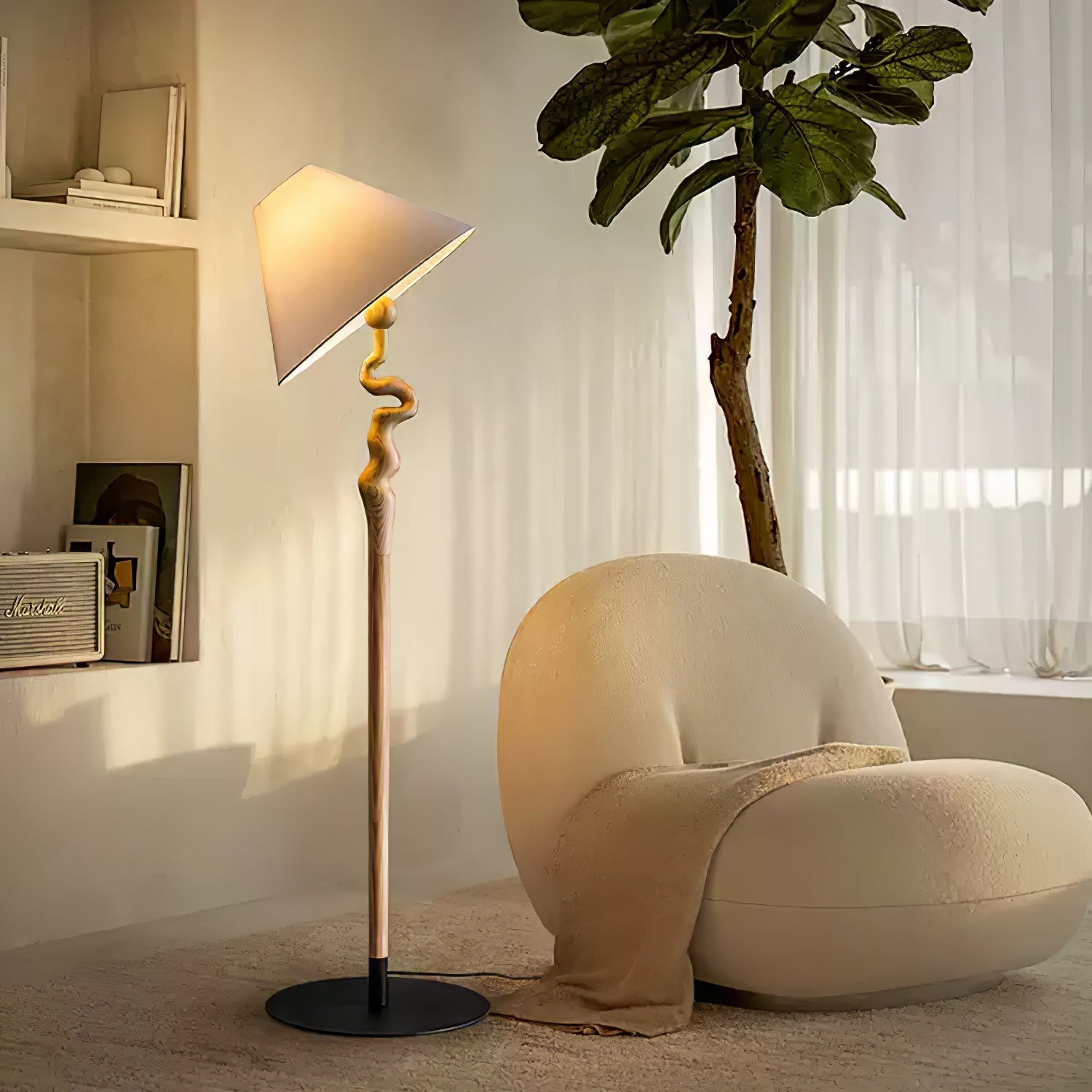 Serpentine Twist Rotating Wooden Floor Lamp Modern Geometric Standing Light with Fabric Shade