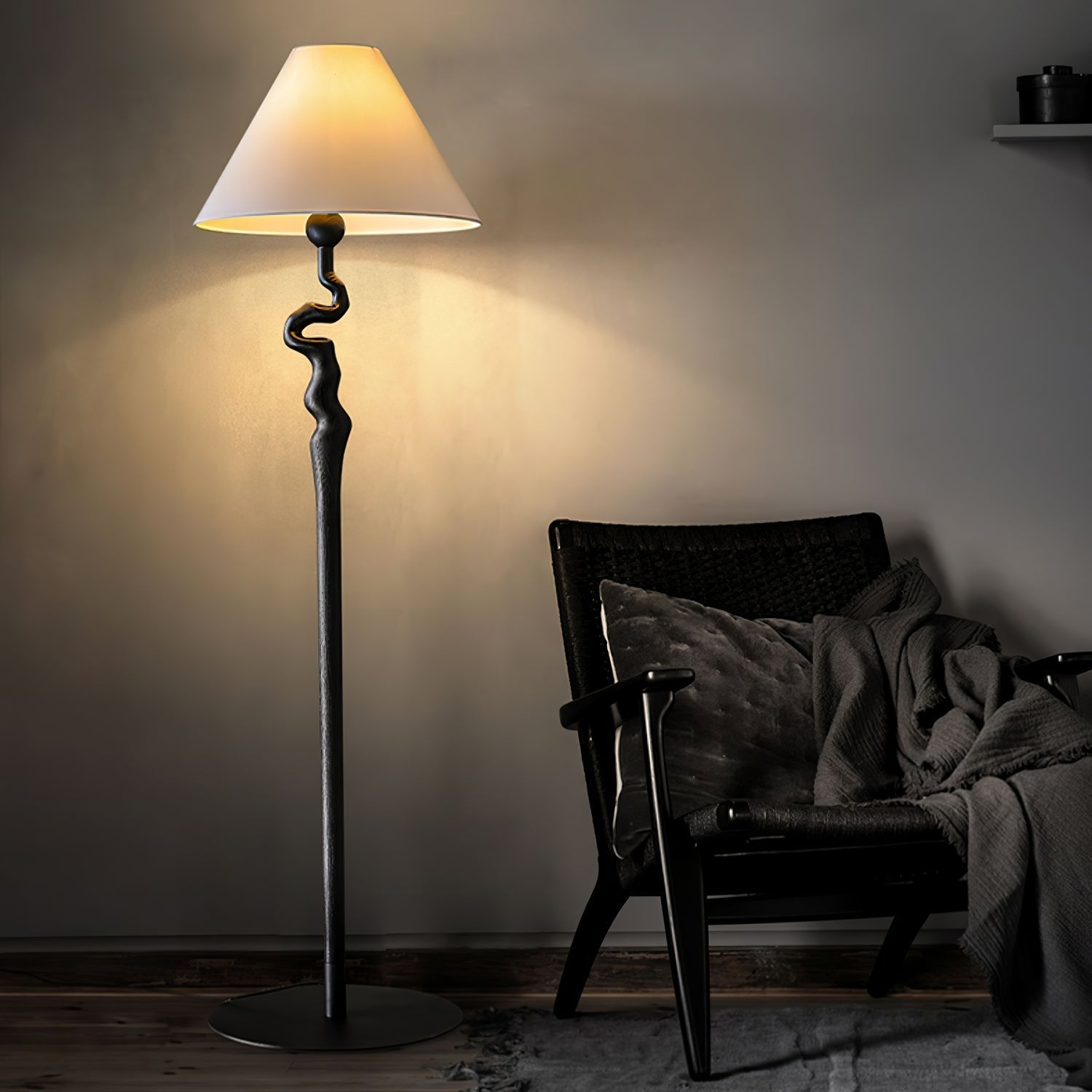 Serpentine Twist Rotating Wooden Floor Lamp Modern Geometric Standing Light with Fabric Shade