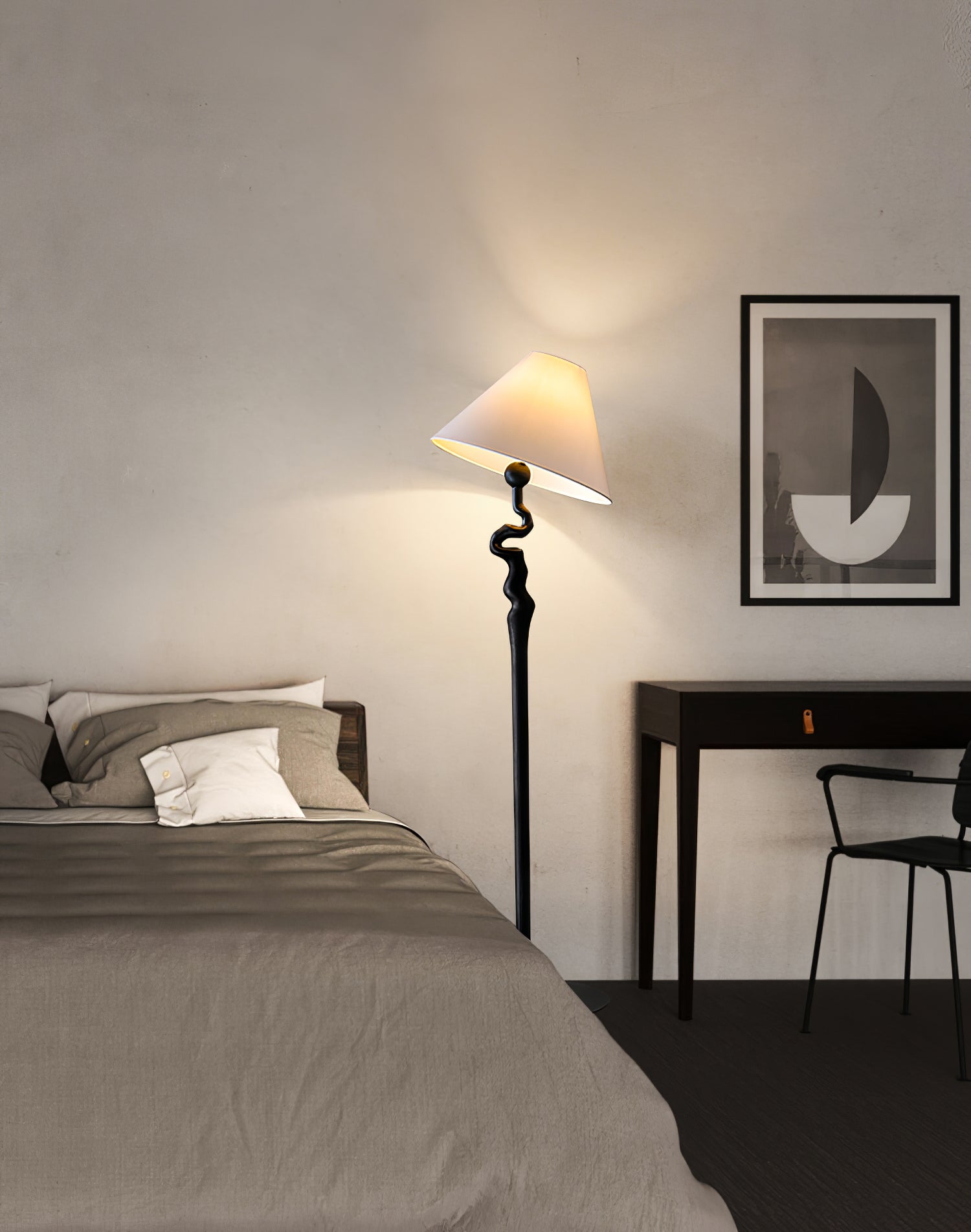 Serpentine Twist Rotating Wooden Floor Lamp Modern Geometric Standing Light with Fabric Shade