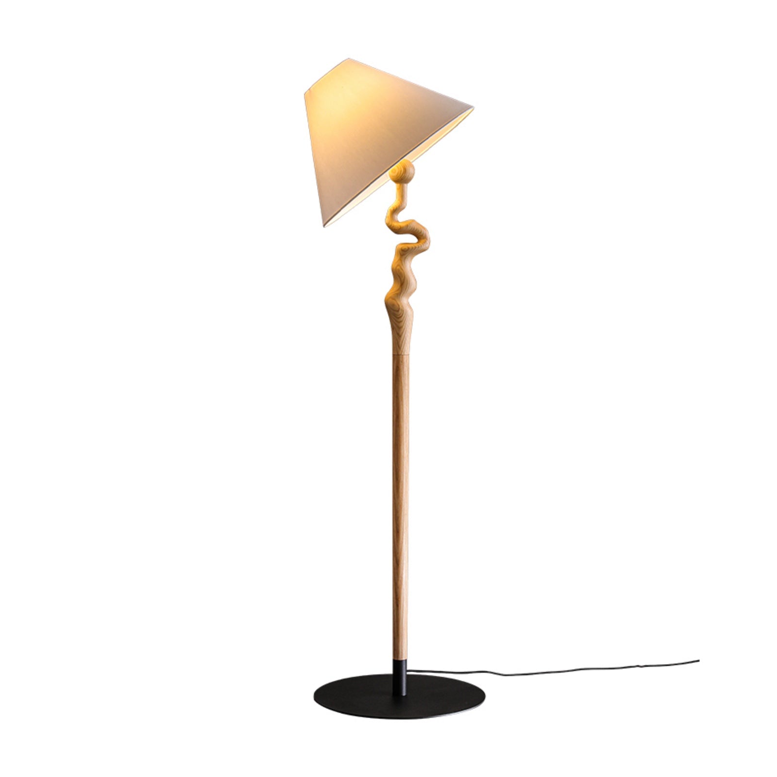 Serpentine Twist Rotating Wooden Floor Lamp Modern Geometric Standing Light with Fabric Shade