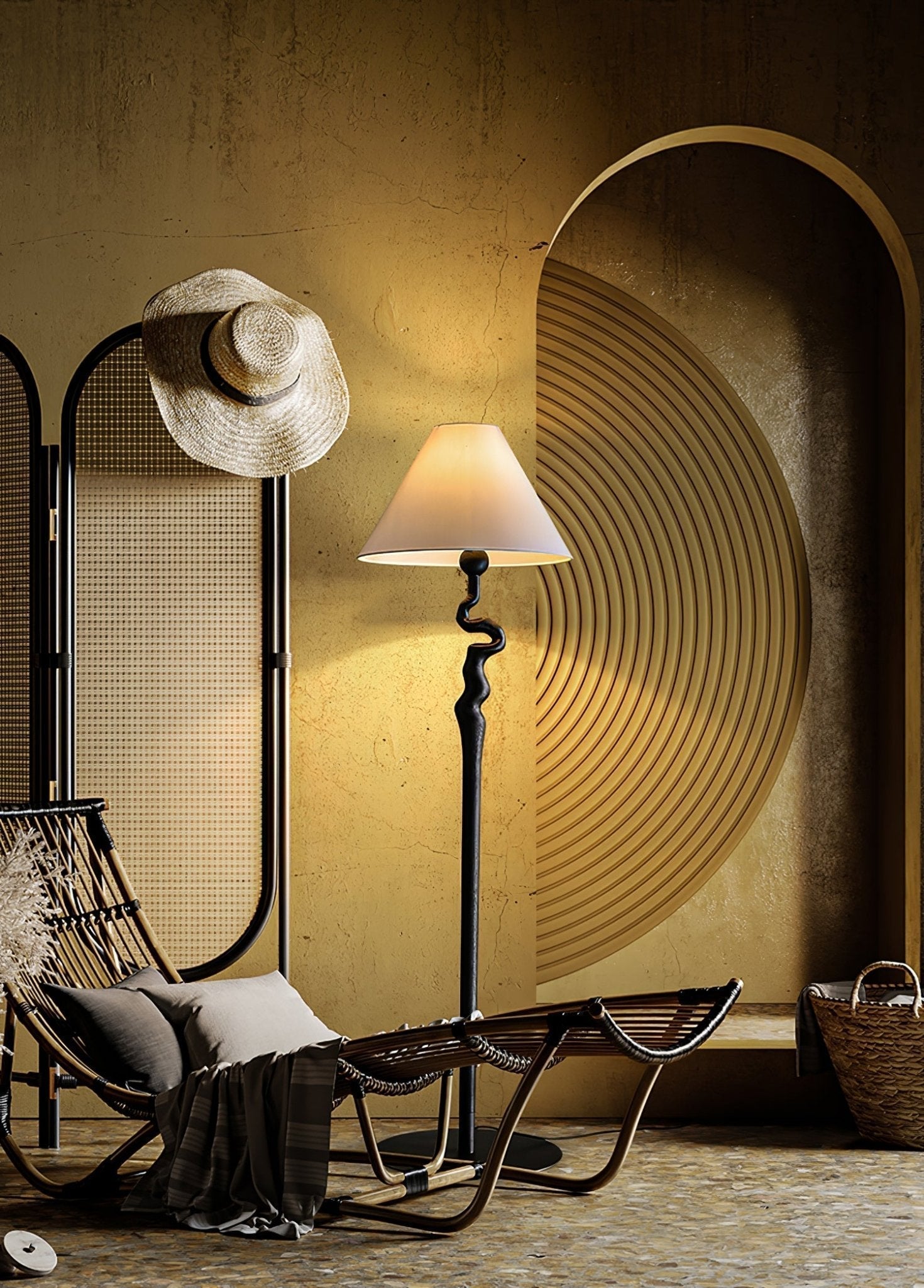 Serpentine Twist Rotating Wooden Floor Lamp Modern Geometric Standing Light with Fabric Shade