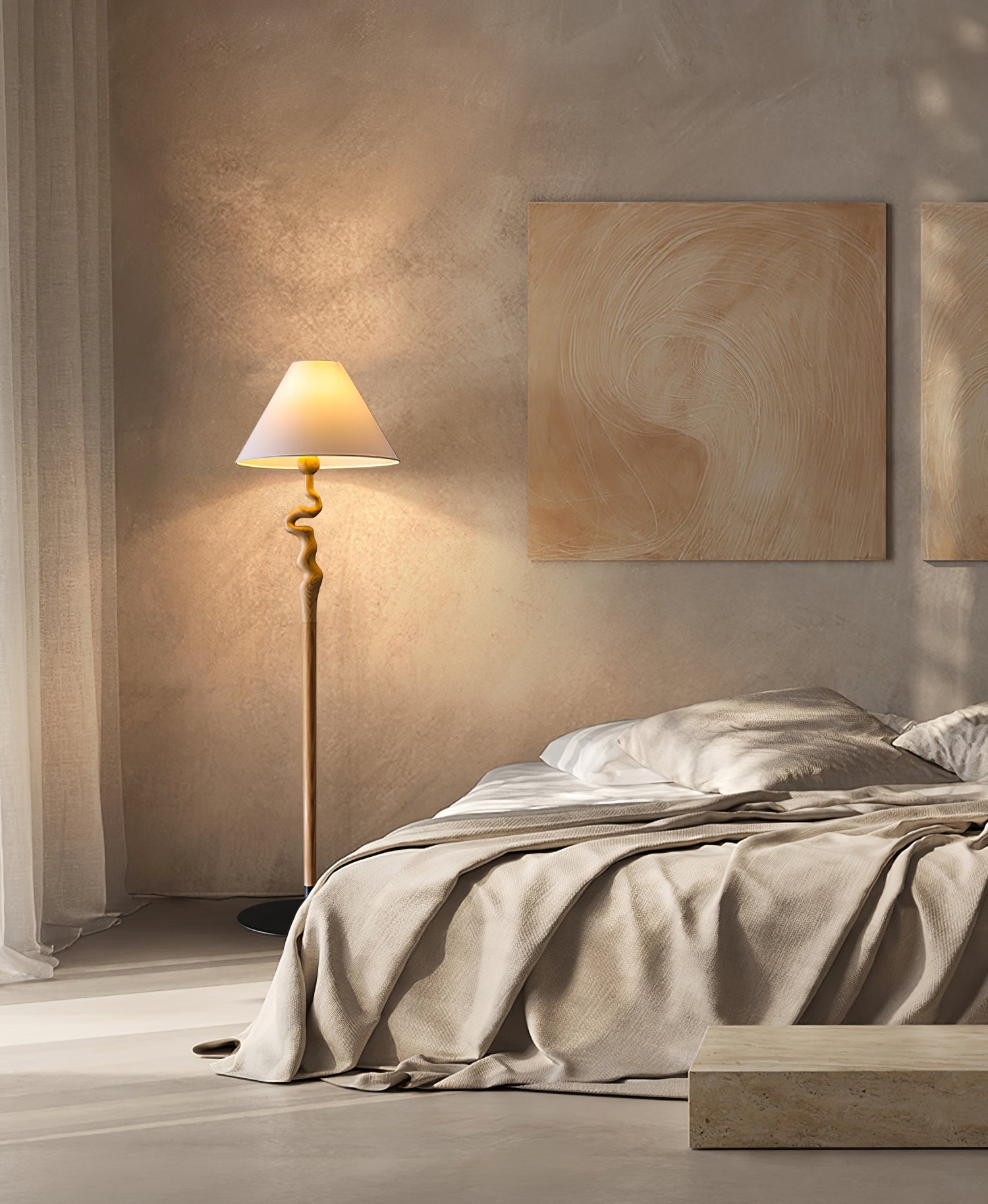 Serpentine Twist Rotating Wooden Floor Lamp Modern Geometric Standing Light with Fabric Shade
