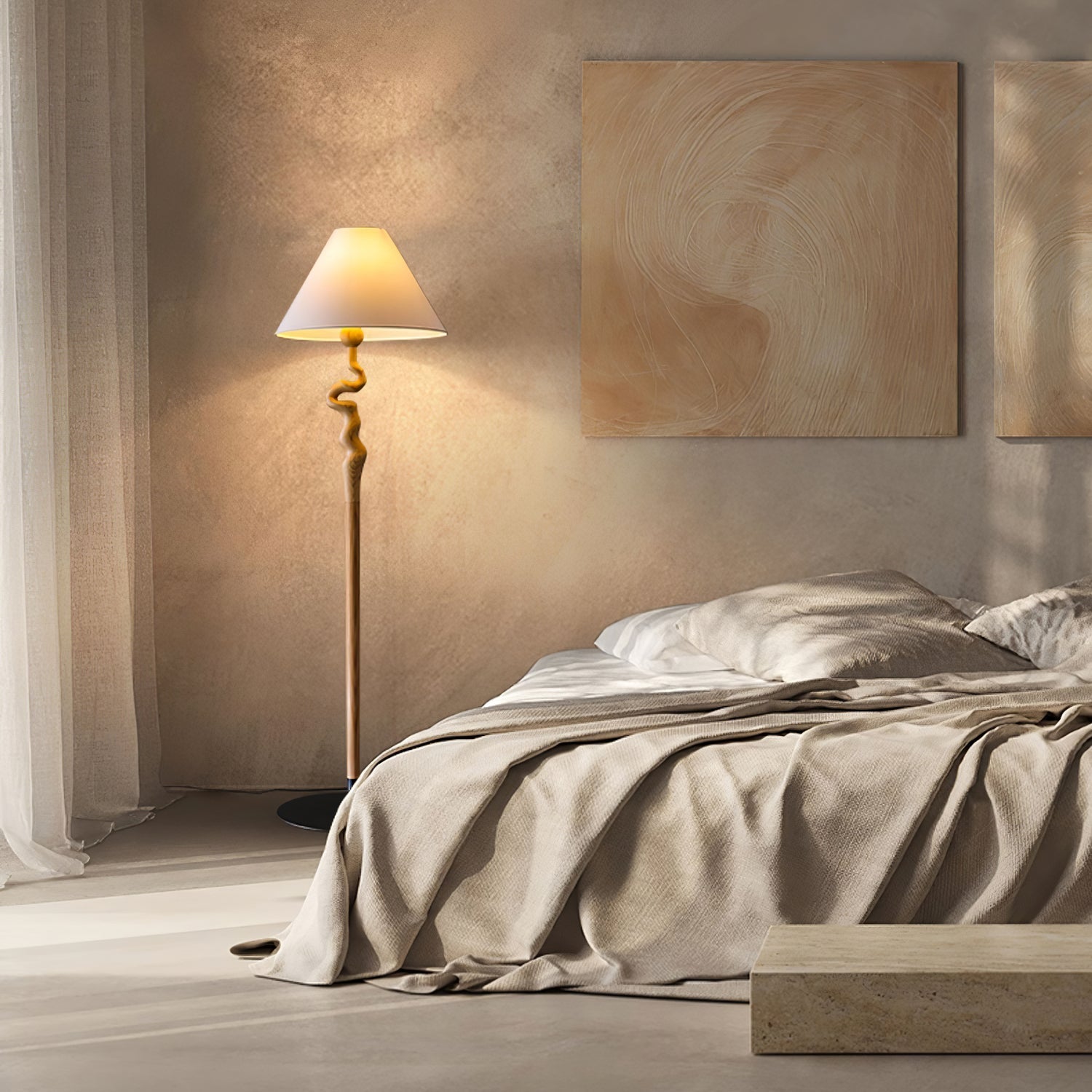 Serpentine Twist Rotating Wooden Floor Lamp Modern Geometric Standing Light with Fabric Shade