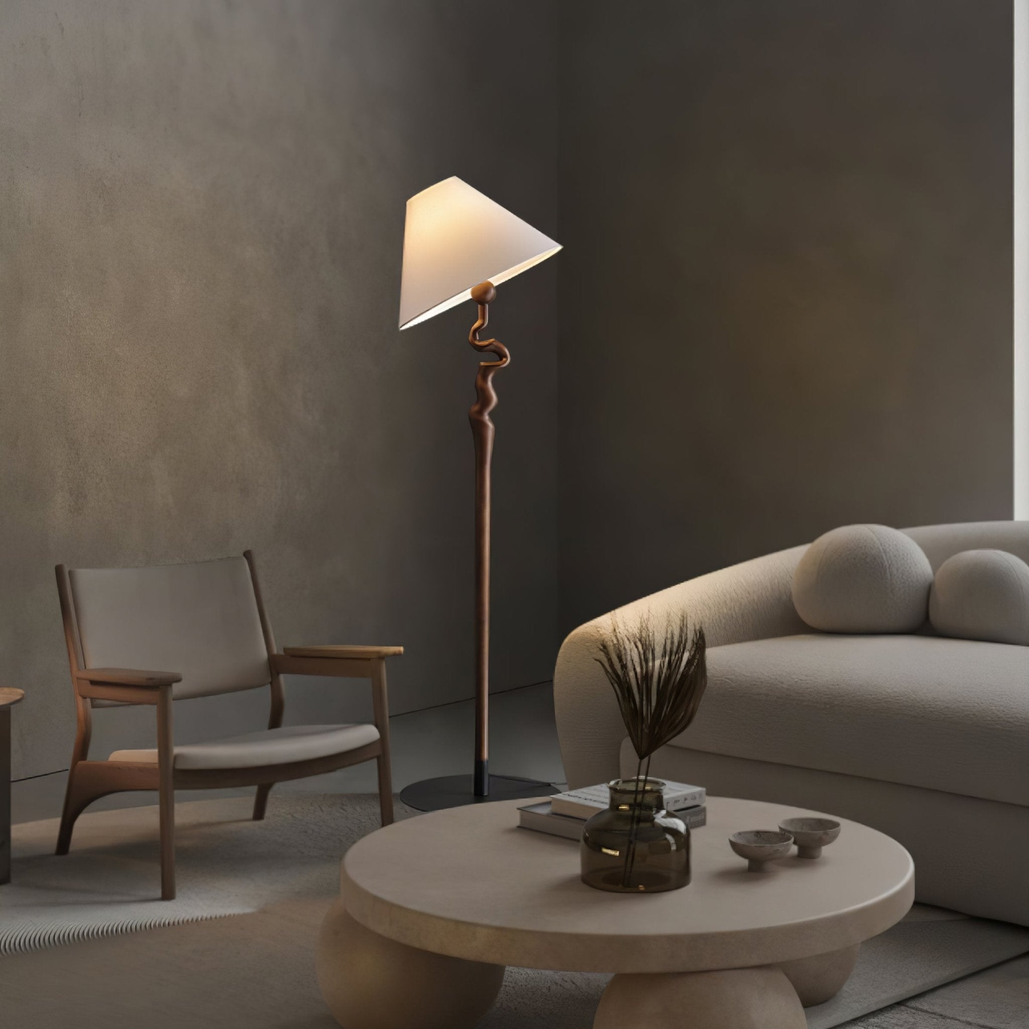 Serpentine Twist Rotating Wooden Floor Lamp Modern Geometric Standing Light with Fabric Shade