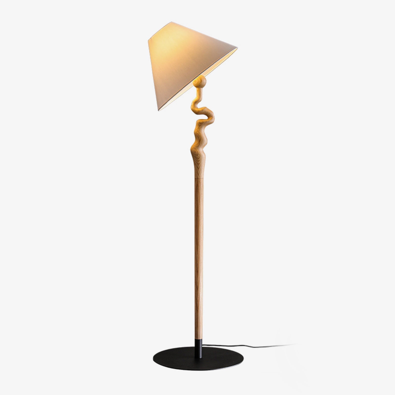 Serpentine Twist Rotating Wooden Floor Lamp Modern Geometric Standing Light with Fabric Shade