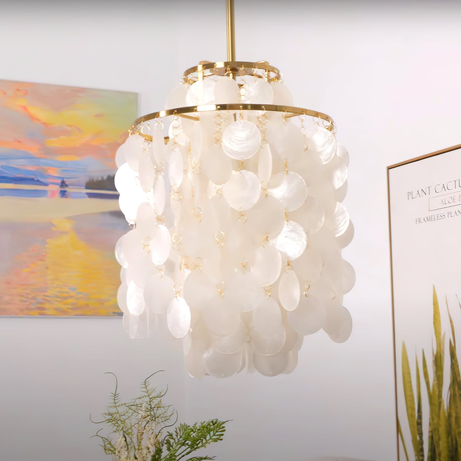 Modern Round Shell Pendant Light Coastal Chandelier for Living Room and Bedroom