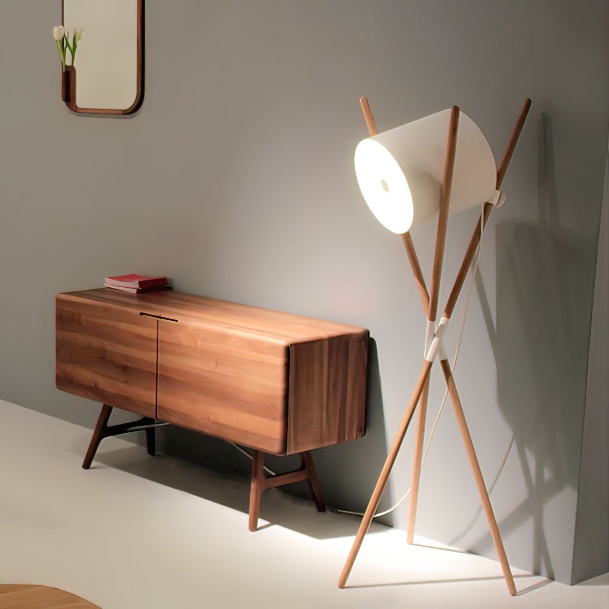 Modern Shift Solid Wood Floor Lamp with Leather Accents Minimalist Free Standing Living Room Light