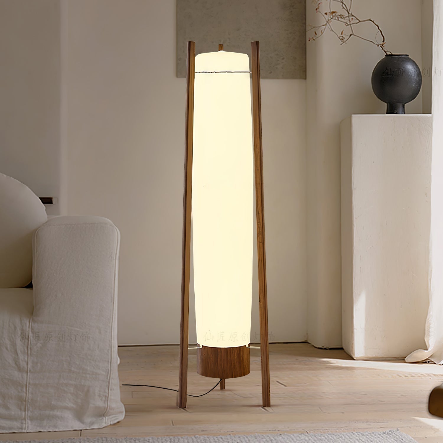 Modern Walnut Wood Column LED Floor Lamp with Acrylic Diffuser Standing Light