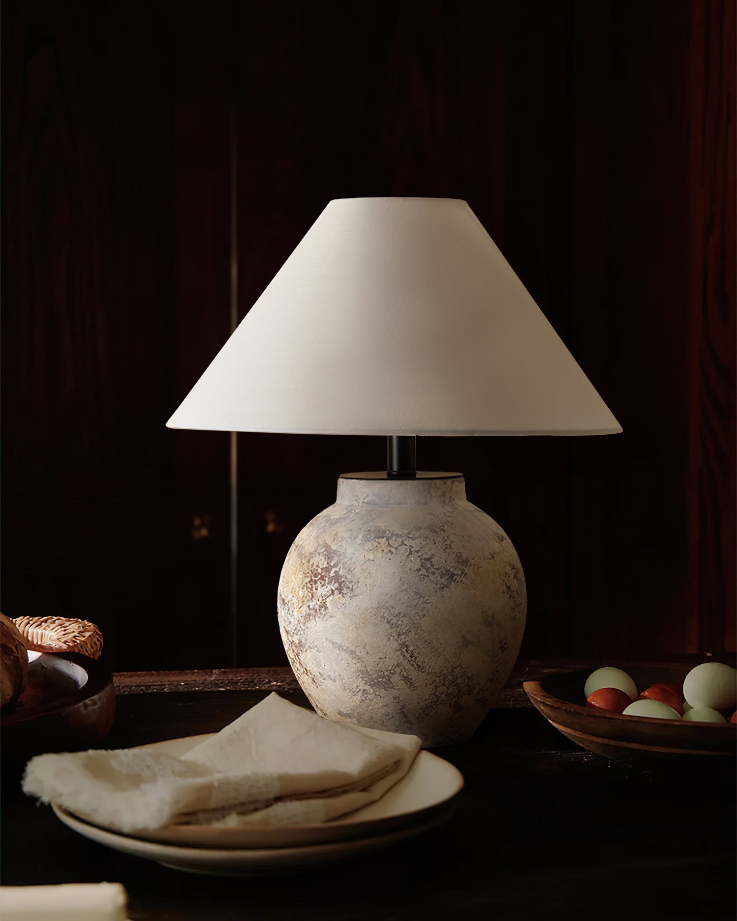 Rustic Stone Texture Terracotta Table Lamp with Beige Fabric Shade