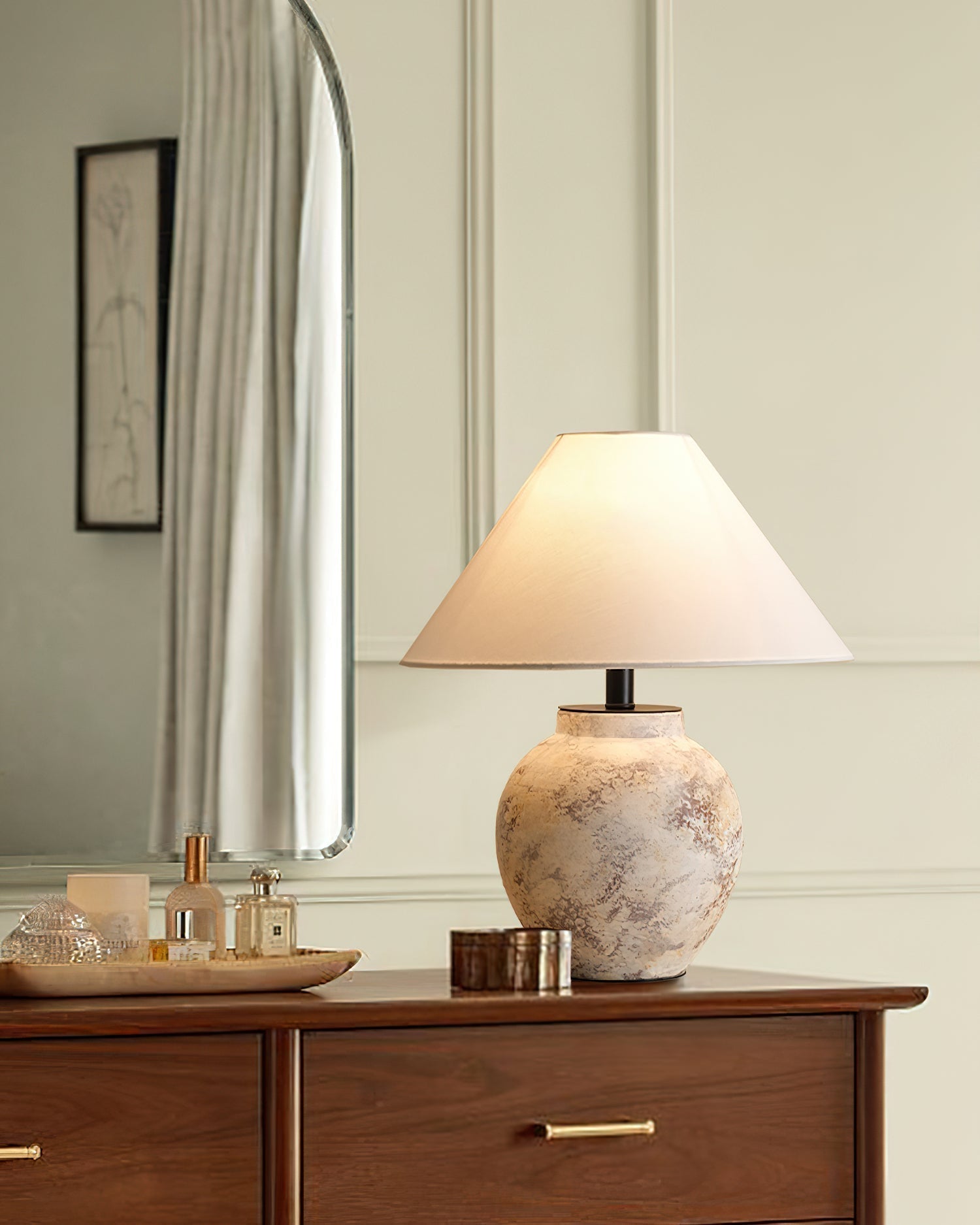 Rustic Stone Texture Terracotta Table Lamp with Beige Fabric Shade