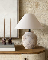 Rustic Stone Texture Terracotta Table Lamp with Beige Fabric Shade