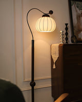Modern Silk Globe Standing Floor Lamp with Walnut Wood Frame and Soft Ambient Light