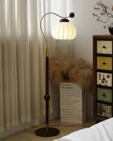 Modern Silk Globe Standing Floor Lamp with Walnut Wood Frame and Soft Ambient Light