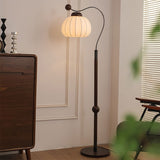 Modern Silk Globe Standing Floor Lamp with Walnut Wood Frame and Soft Ambient Light