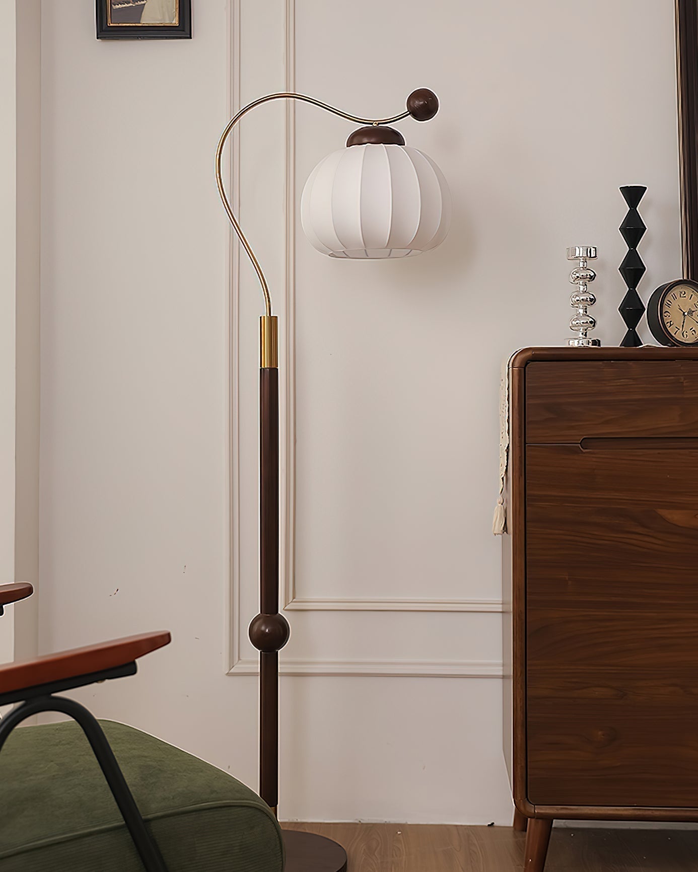 Modern Silk Globe Standing Floor Lamp with Walnut Wood Frame and Soft Ambient Light