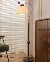 Modern Silk Globe Standing Floor Lamp with Walnut Wood Frame and Soft Ambient Light