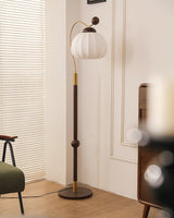 Modern Silk Globe Standing Floor Lamp with Walnut Wood Frame and Soft Ambient Light