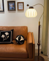 Modern Silk Globe Standing Floor Lamp with Walnut Wood Frame and Soft Ambient Light