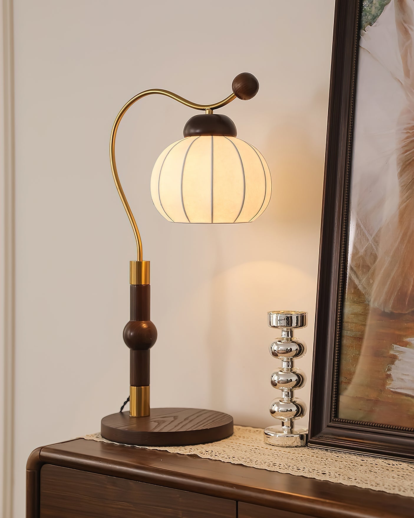 Modern Silk Globe Table Lamp with Walnut Wood Base and Gold Hardware