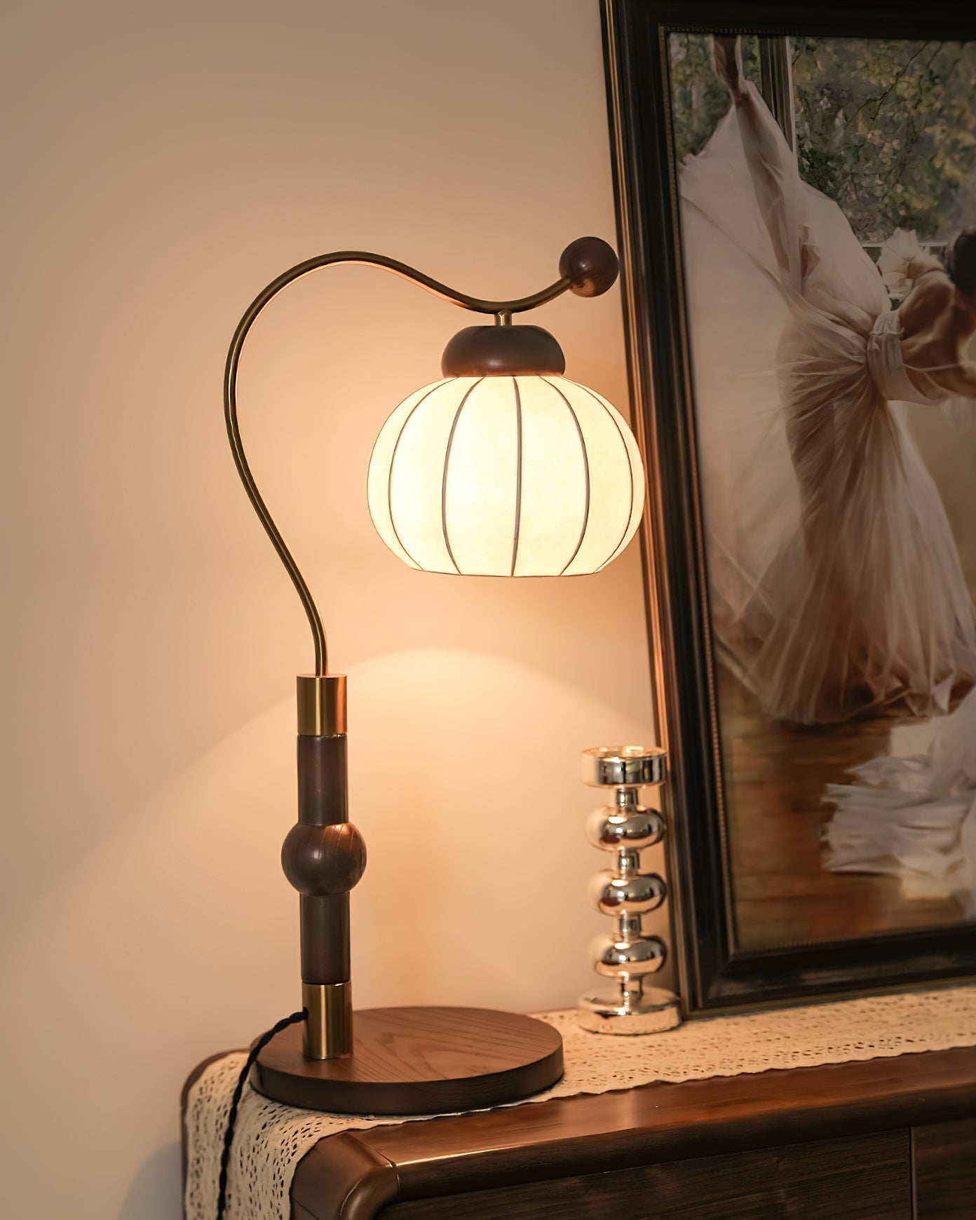 Modern Silk Globe Table Lamp with Walnut Wood Base and Gold Hardware