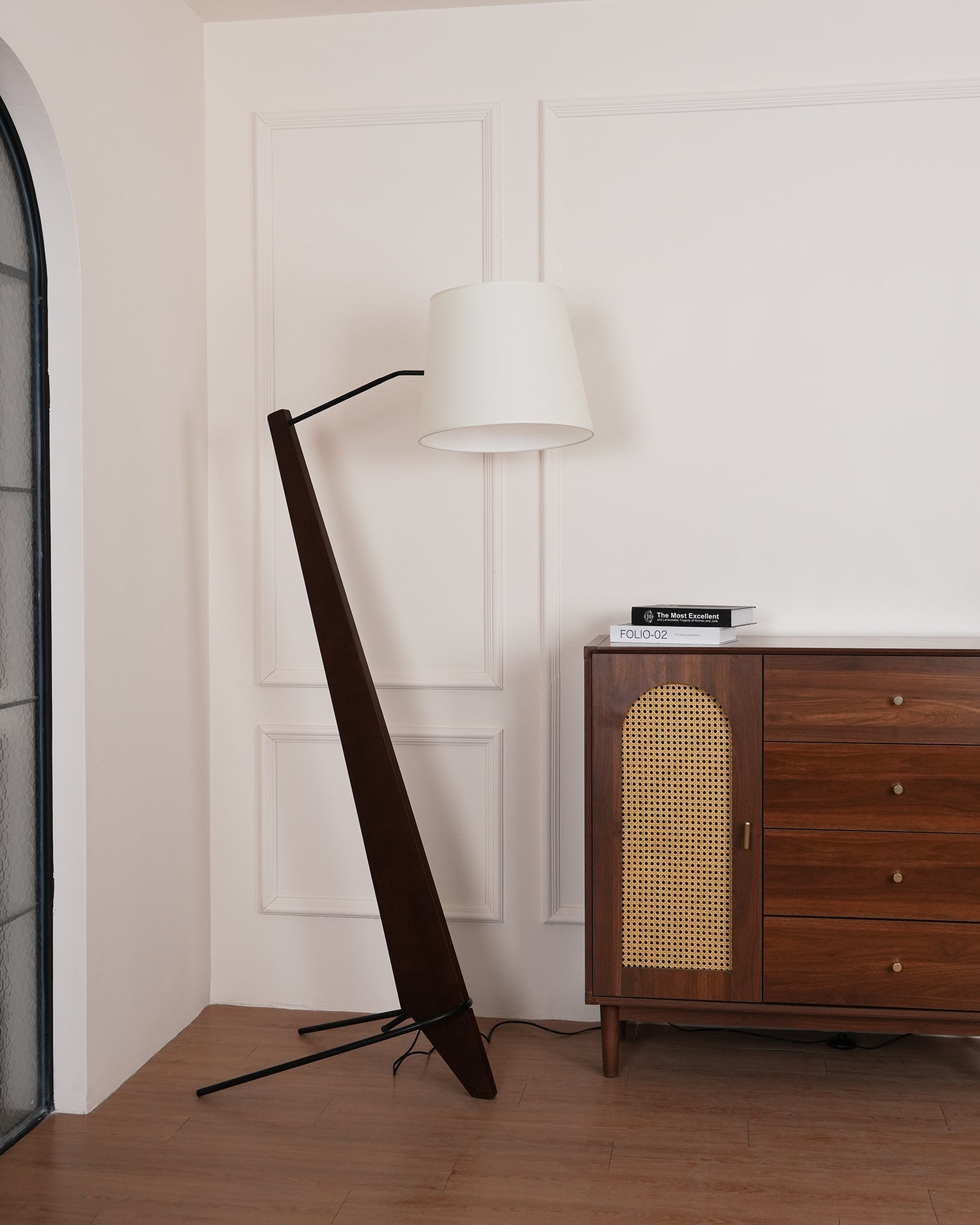 Modern Silva Giant Architectural Wood Floor Lamp with Fabric Shade