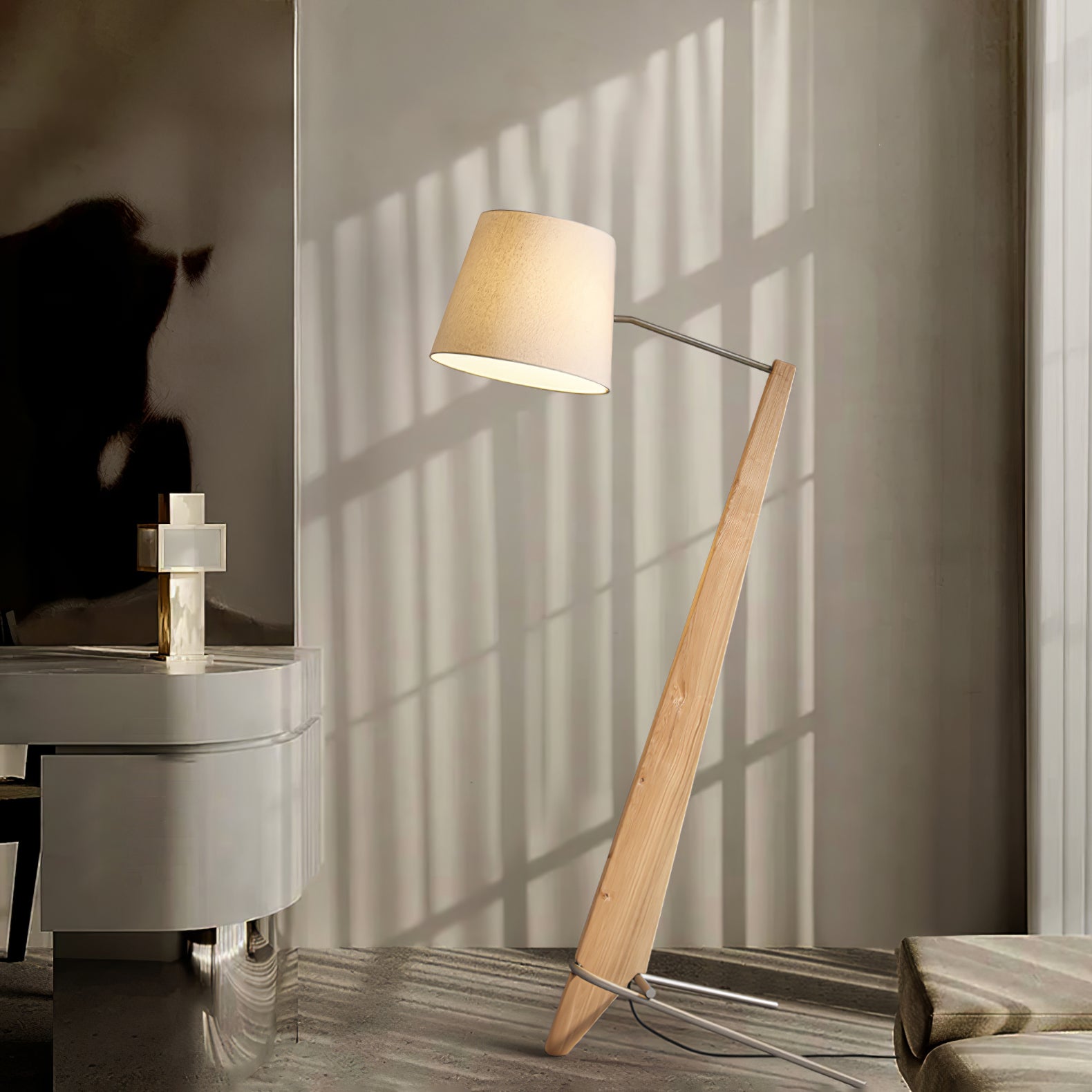 Modern Silva Giant Architectural Wood Floor Lamp with Fabric Shade