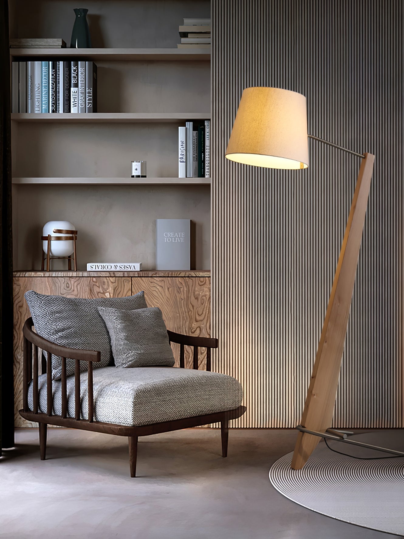 Modern Silva Giant Architectural Wood Floor Lamp with Fabric Shade