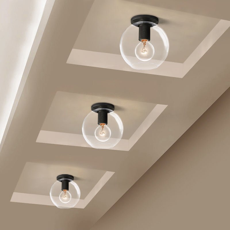 Modern Industrial Brass Flush Mount Ceiling Light with Clear Glass Shade and Knurled Detail