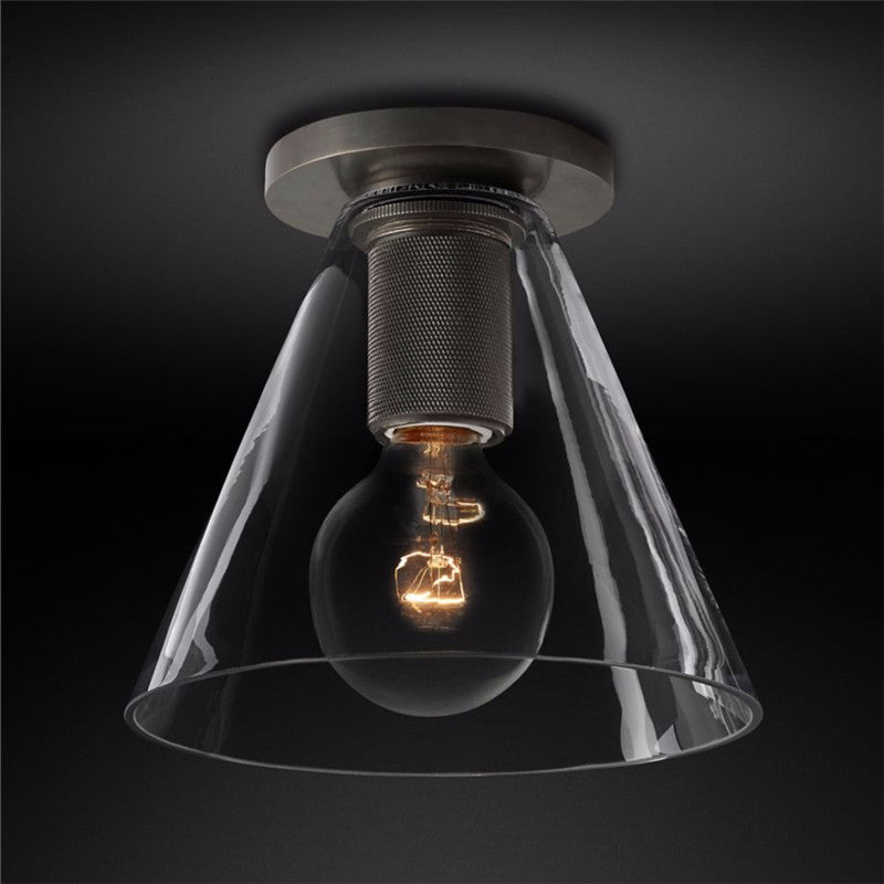 Modern Industrial Brass Flush Mount Ceiling Light with Clear Glass Shade and Knurled Detail