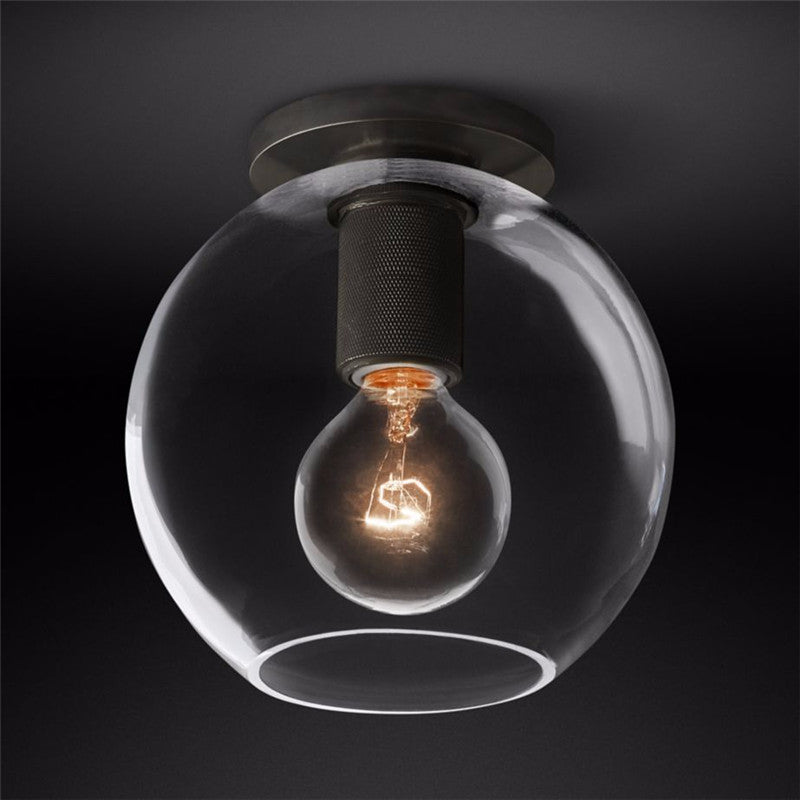 Modern Industrial Brass Flush Mount Ceiling Light with Clear Glass Shade and Knurled Detail