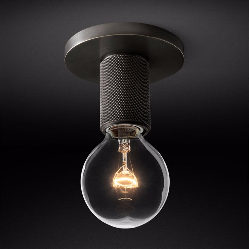 Modern Industrial Brass Flush Mount Ceiling Light with Clear Glass Shade and Knurled Detail