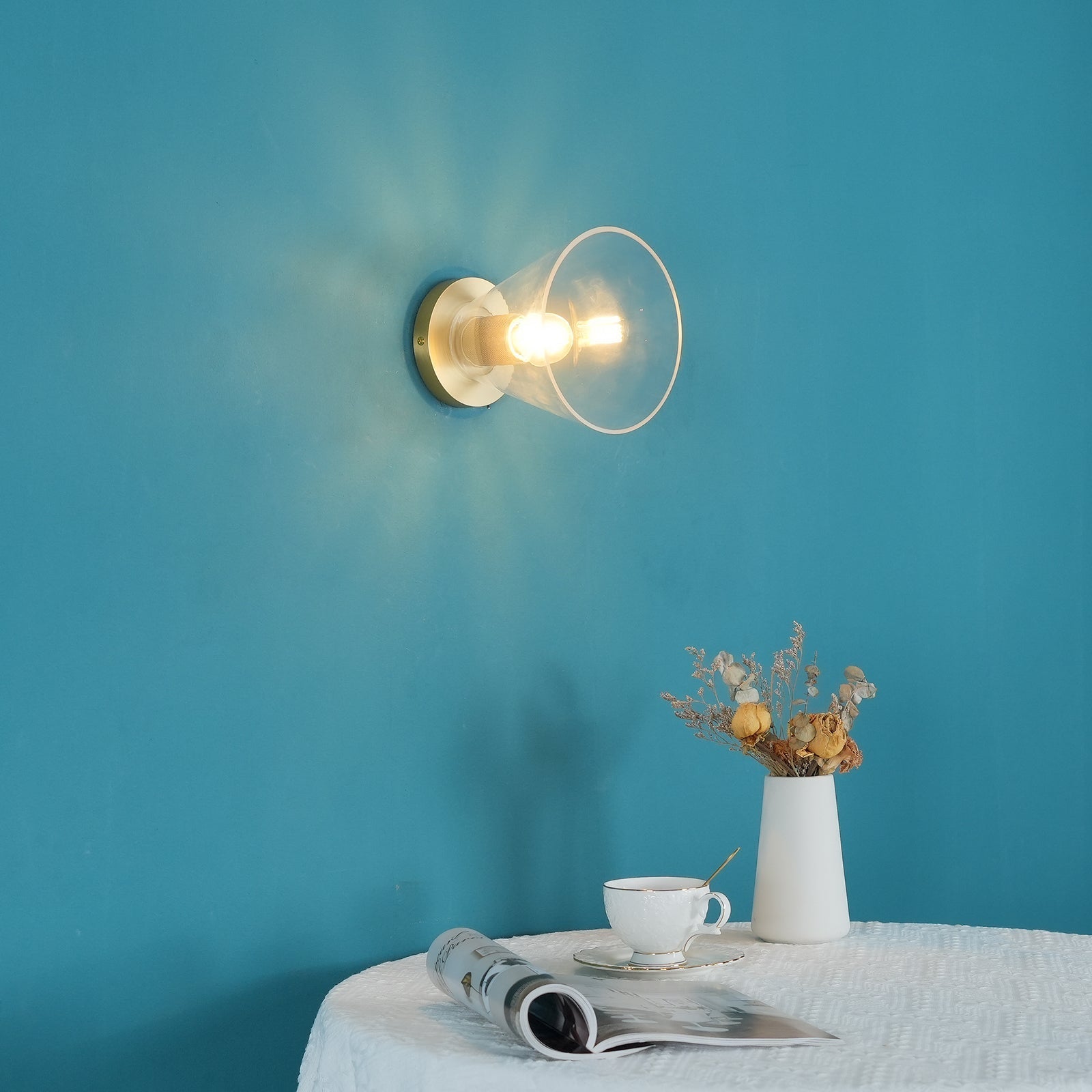 Modern Industrial Brass Flush Mount Ceiling Light with Clear Glass Shade and Knurled Detail