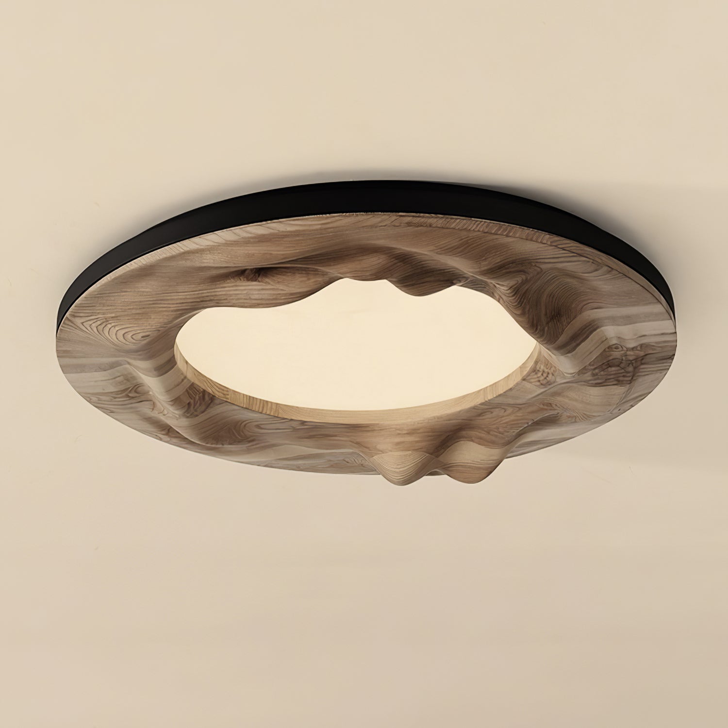 Modern Organic Circular Wood Flush Mount LED Ceiling Light for Living Room Bedroom