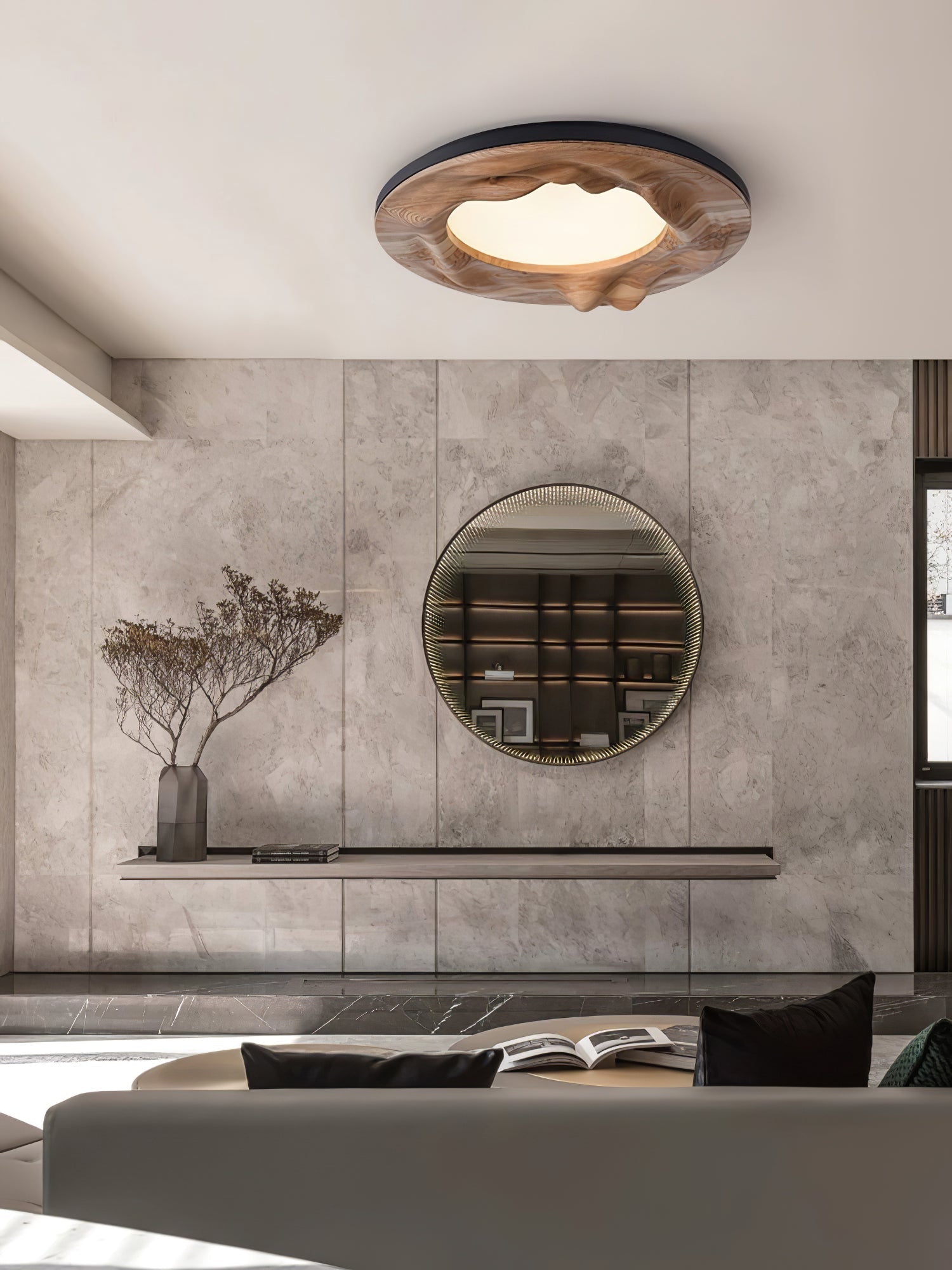 Modern Organic Circular Wood Flush Mount LED Ceiling Light for Living Room Bedroom
