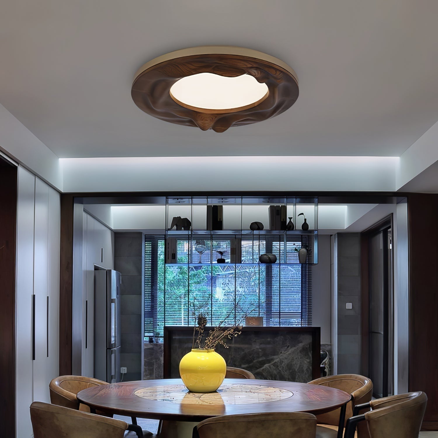 Modern Organic Circular Wood Flush Mount LED Ceiling Light for Living Room Bedroom