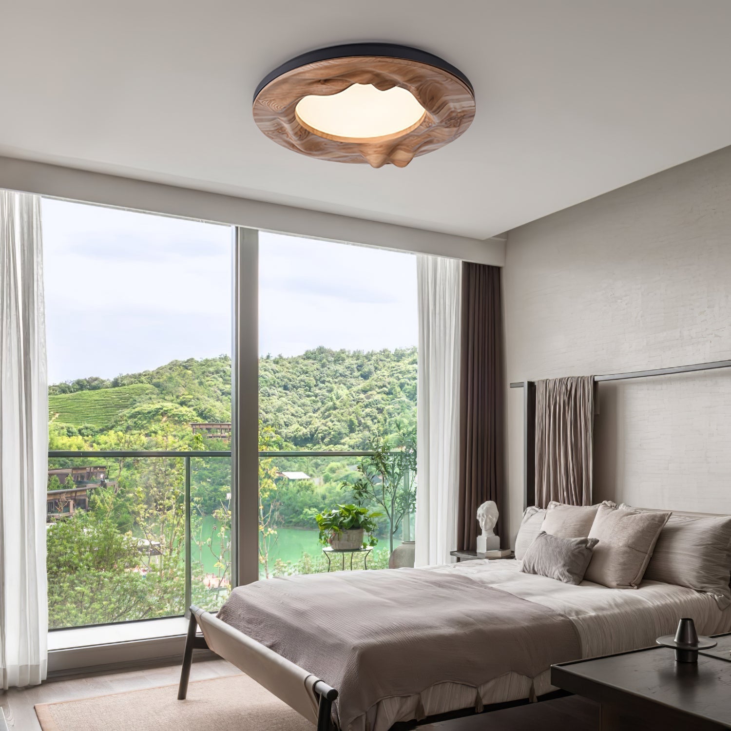 Modern Organic Circular Wood Flush Mount LED Ceiling Light for Living Room Bedroom