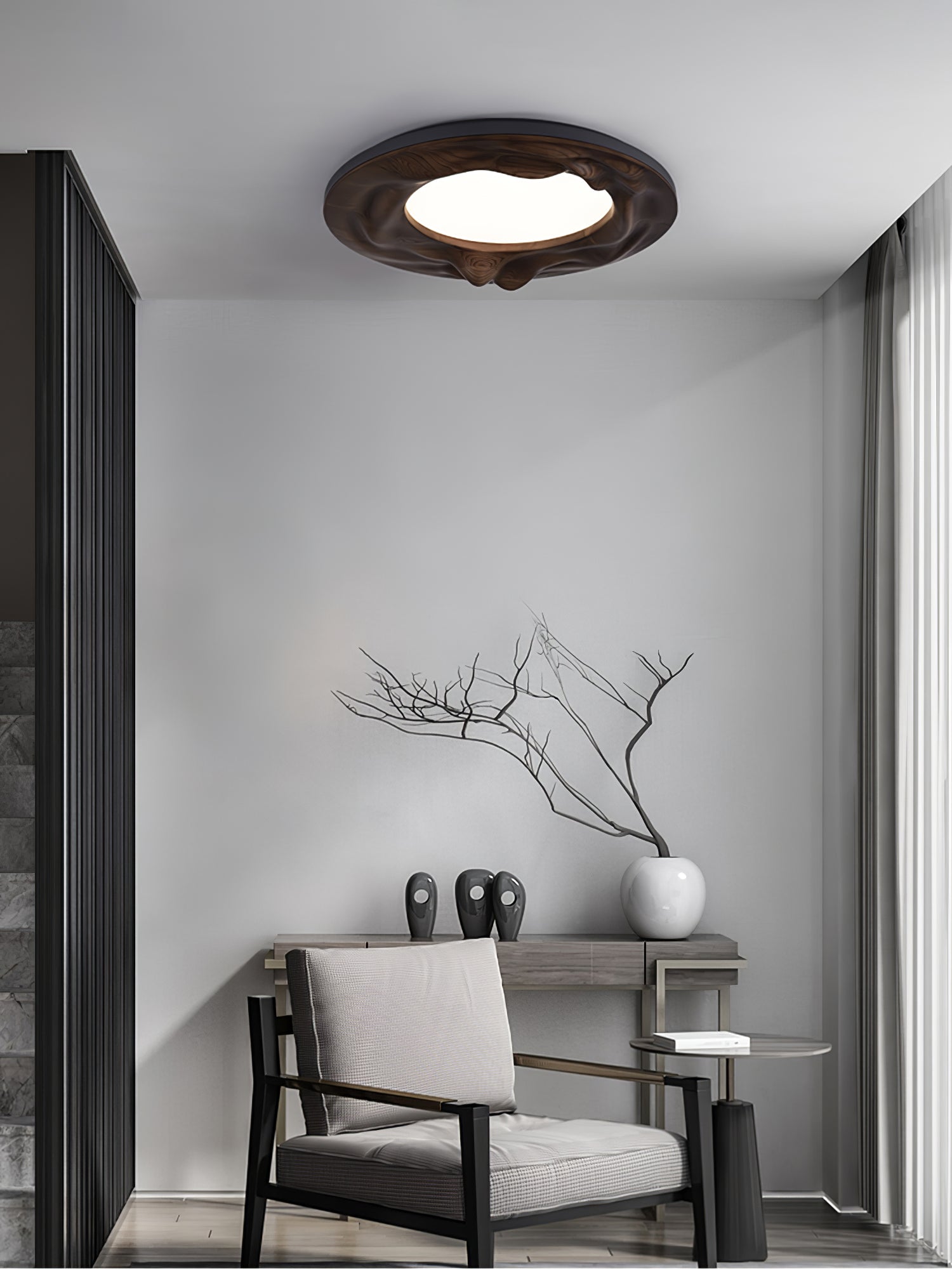 Modern Organic Circular Wood Flush Mount LED Ceiling Light for Living Room Bedroom