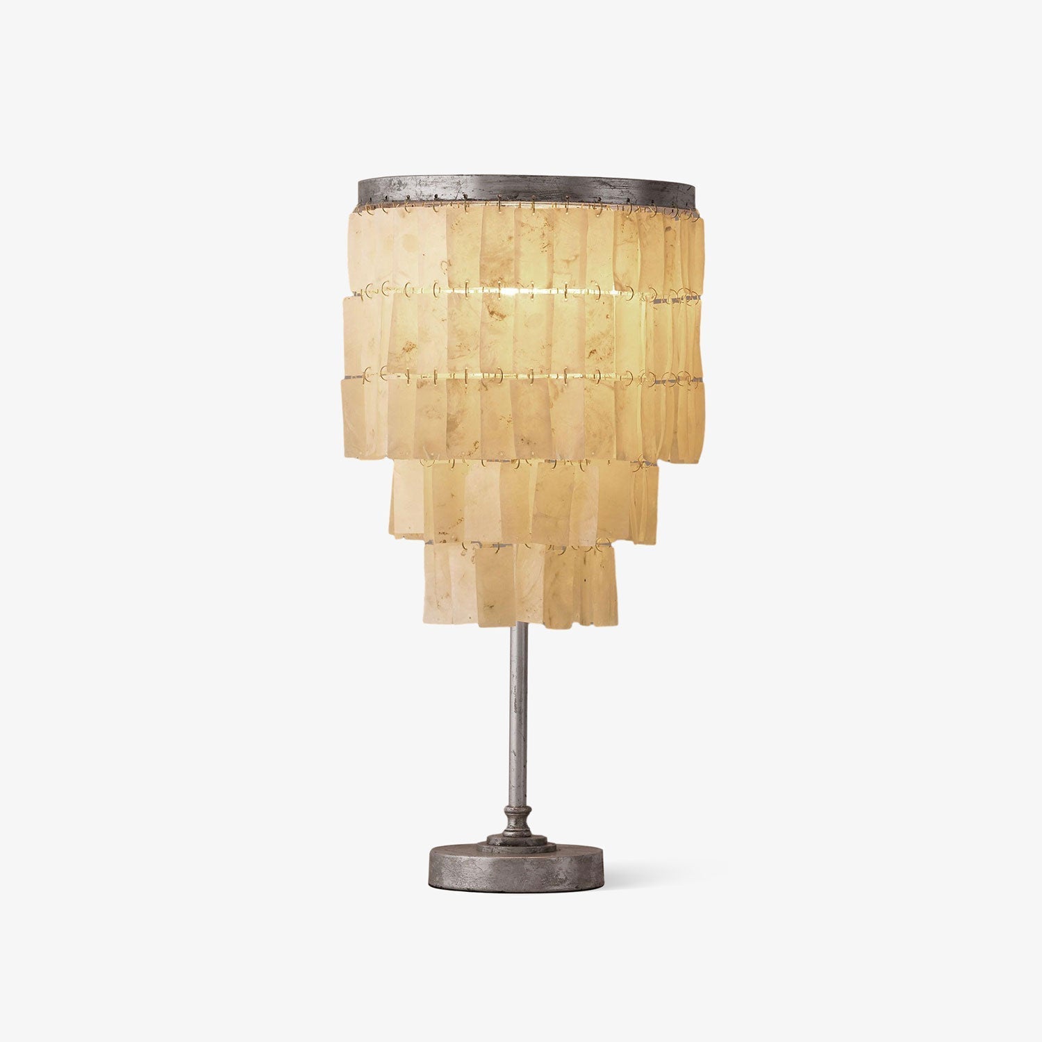 Modern Tiered Natural Shell Table Lamp with Silver Metal Frame for Coastal Decor