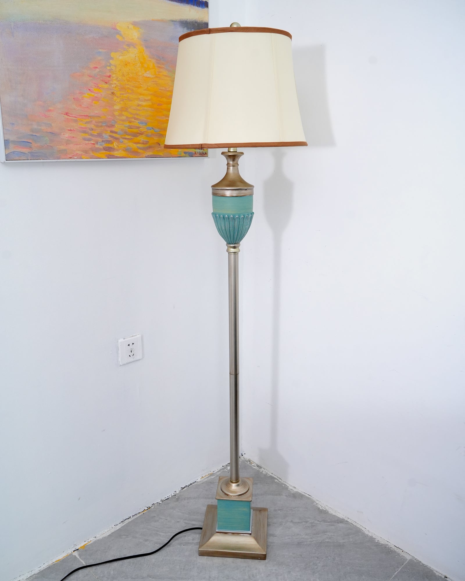 Art Deco Resin Floor Lamp with Fluted Base and White Fabric Shade for Home Decor