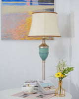 Art Deco Resin Floor Lamp with Fluted Base and White Fabric Shade for Home Decor