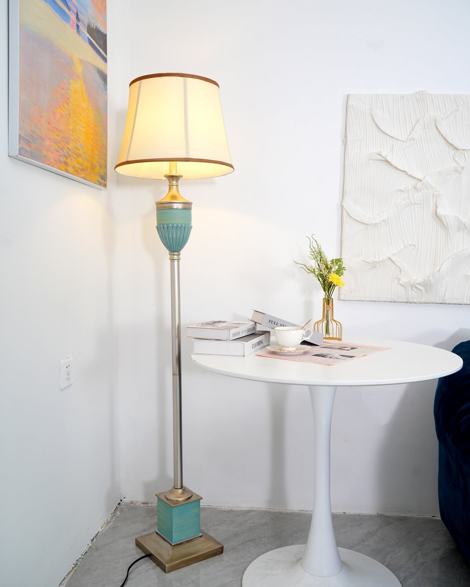 Art Deco Resin Floor Lamp with Fluted Base and White Fabric Shade for Home Decor